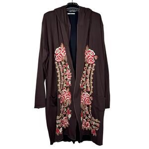 Daniali USA Floral Embroidered Hooded Open Cardigan Sweater Large Boho